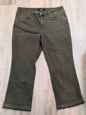 Joseph Ribkoff Women’s Size 16 Olive Rhinestone‑Hem Jeans